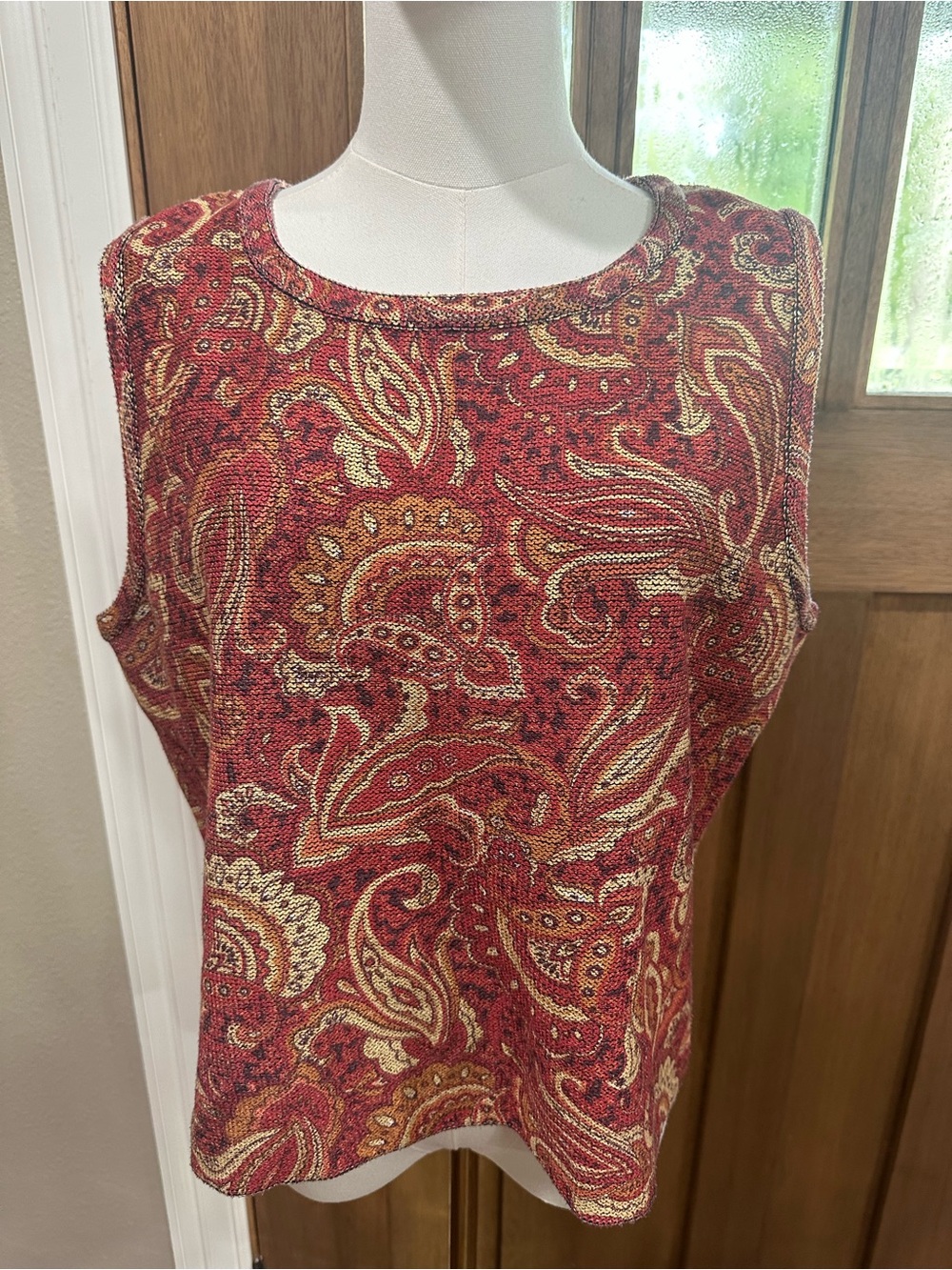 St. John Sport Marie Gray Vintage Red Paisley Knit Top Size L